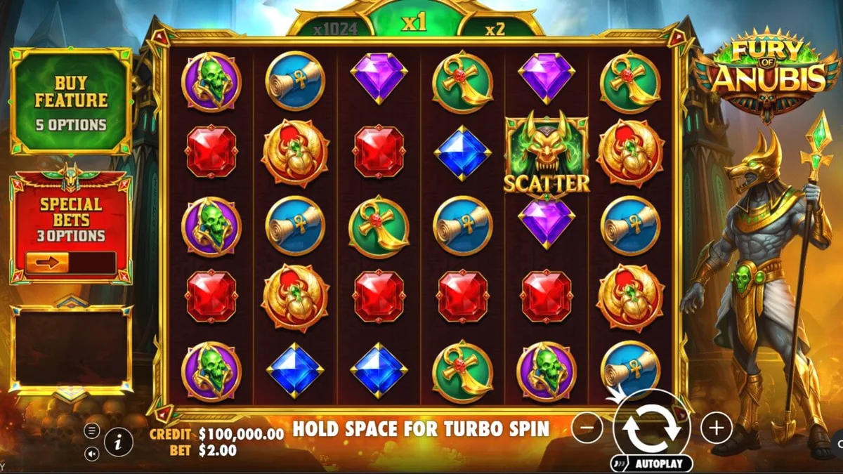 Tela de jogo do slot Fury of Anubis com símbolos egípcios e Anúbis ao fundo, em um ambiente escuro e ardente.